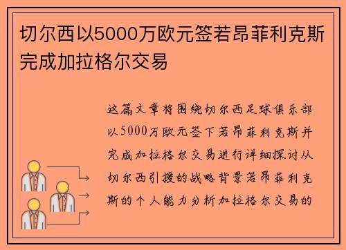 切尔西以5000万欧元签若昂菲利克斯完成加拉格尔交易